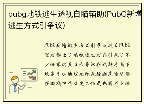 pubg地铁逃生透视自瞄辅助(PubG新增逃生方式引争议)